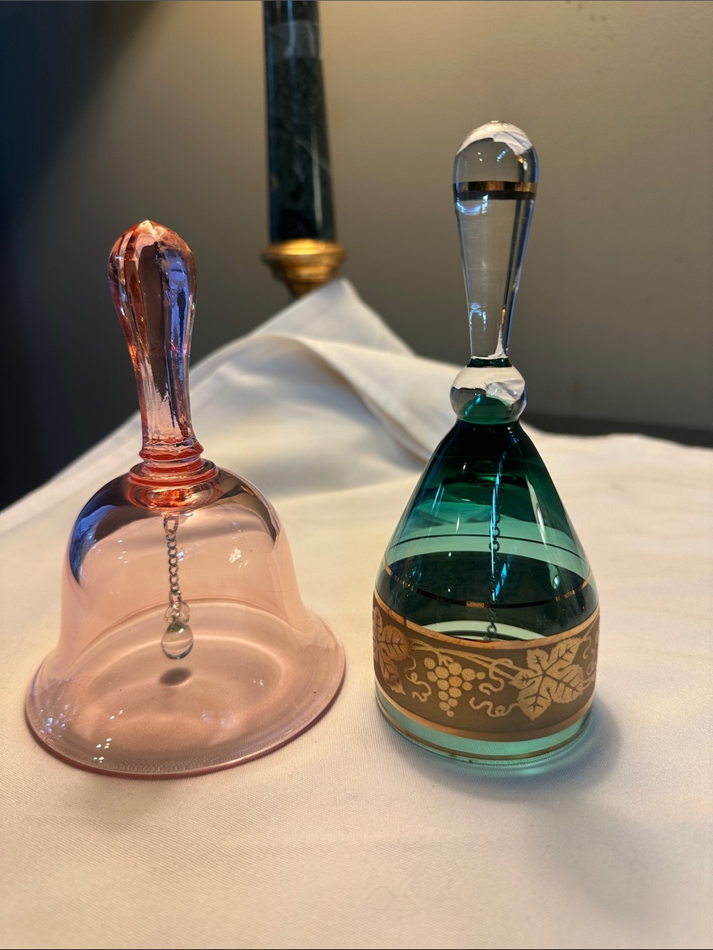 Vintage Elegant Pink Glass Hand Bell and Teal Decorative Glass Bell - Set